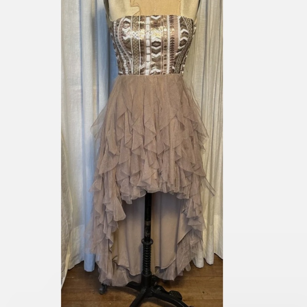 Tan Boho Ruffled Asymmetrical Long Short Women’s Formal Prom Dress Strapless